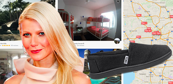 Gwyneth Paltrow, a TOMS shoe and the Airbnb interface (credit: Andrea Raffin via Wikipedia Commons, TOMS and airbnb.com)