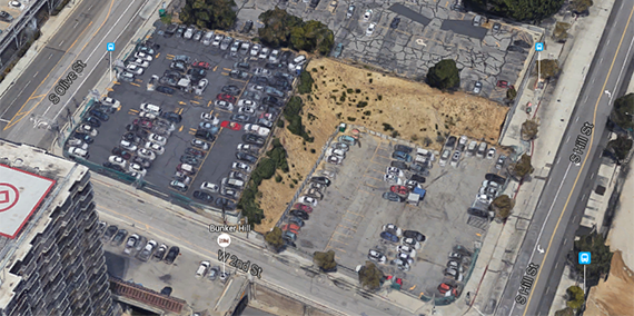 Colburn School's land on West 2nd Street (credit: Google Earth)