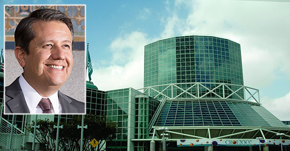 The Convention Center at 1201 South Figueroa Street and City Administrative Officer Miguel Santana (credit: City Attorney's Office, International Association of Venue Managers)