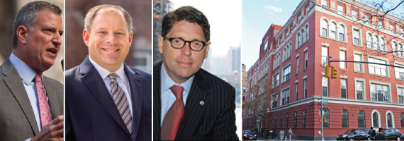 From left: Bill de Blasio, Rory Lancman, Mark Peters and the Rivington House on 45 Rivington Street on the Lower East Side