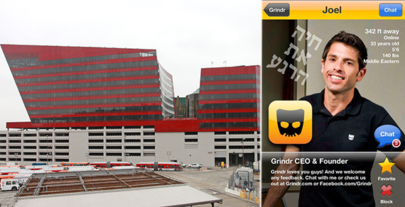 The RedBuilding at 750 San Vicente Boulevard and Grindr founder and CEO Joel Simkhai on the Grindr interface
