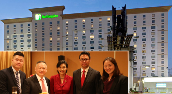 The Holiday Inn LAX (via IHG) and, from left: Benjamin Zhang of U.S. OCG; Zhouyun Wang, Chairman of Esong Group; Congresswoman Judy Chu; Don Li  and Jackie Lee of Interstate Hotels &amp; Resorts (vi PRN)