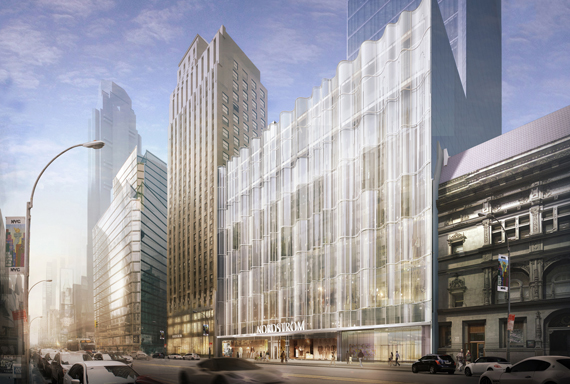 Rendering of the Nordstrom fl agship store and its main entranceon 57th Street. Inset: A view of the store from 58th Street.