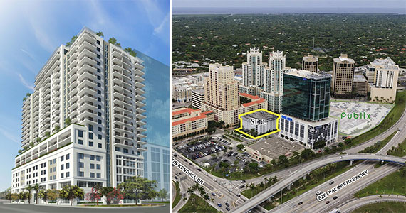 Rendering of Overture Dadeland, left, and an aerial view of 7400 Southwest 88th Street, right