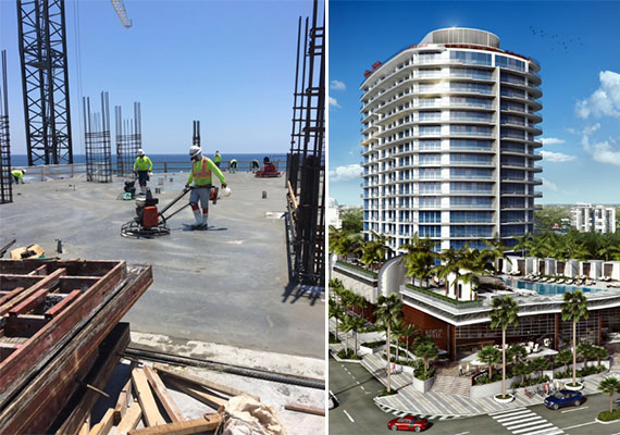 Workers smoothing concrete on the project's ninth floor, left, and a rendering of the finished Paramount Fort Lauderdale Beach, right