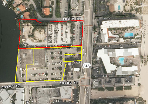Publix's land marked in yellow, while Dezer's properties are marked in red