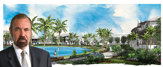 Rendering of the 390-unit community (Inset: Related Group CEO Jorge Perez)