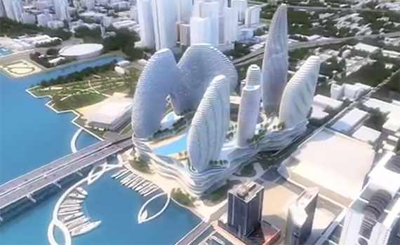 Early rendering of Resorts World Miami that shows a marina component