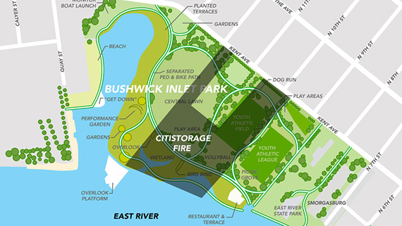 Map of Bushwick Inlet Park and the CitiStorage fire site