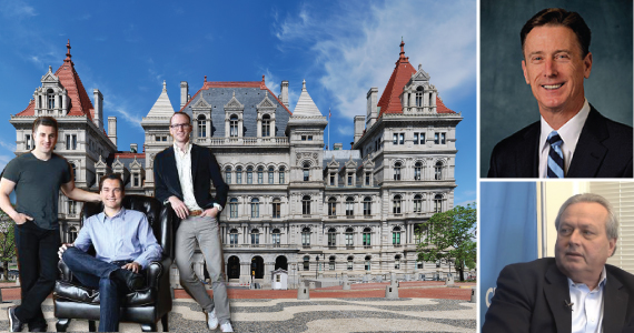 From left: Airbnb's Brian Chesky, Nathan Blecharczyk, Joe Gebbia and the Capitol Building in Albany (inset from top: Peter Ward and Joseph Strasburg)