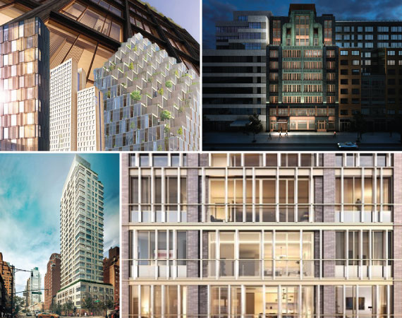 Clockwise: 475 East 18th Street in Gramercy, the Fitzroy at 514 West 24th Street in Chelsea, 1 Great Jones Alley in Noho, and 301 East 50th Street in Midtown East