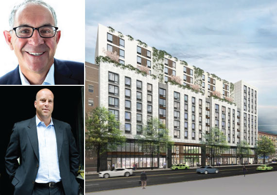 Rendering of the project at 4451 and 4439 Third Avenue in the Bronx (inset from top: L+M's Ron Moelis and Hornig Capital's Daren Hornig)