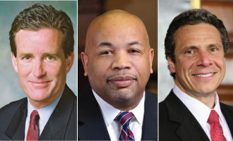 From left: John Flanagan, Carl Heastie and Andrew Cuomo