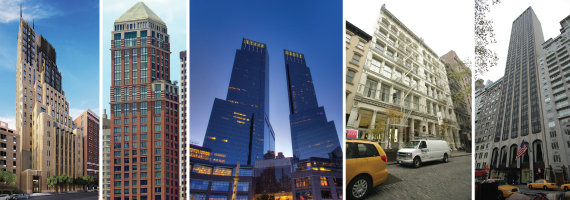From left: Walker tower at 212 West 19th Street in Chelsea, Park Laurel Condominiums at 15 West 63rd Street on the Upper West Side, Time Warner Center at 10 Columbus Circle, 118 Greene Street in Soho, and The Park Lane Hotel at 36 Central Park South