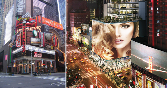 From left: current Hershey Times Square location at 48th Street and Broadway and rendering of 20 Times Square (rendering by ArX Solutions)
