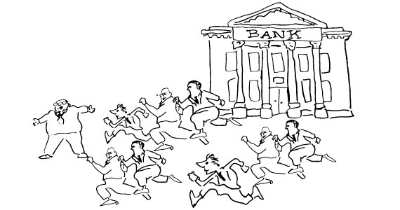 Developers running fleeing the bank (illustration by Lexi Pilgrim for The Real Deal)