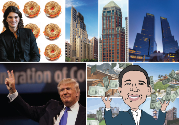 Clockwise, from top left: Adam Neumann of WeWork; Walker tower at 212 West 19th Street in Chelsea; Park Laurel Condominiums at 15 West 63rd Street;, Time Warner Center at 10 Columbus Circle; an illustration of Compass' Robert Reffkin; and Donald Trump