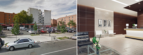From Left: 2600 Adam Clayton Powell Jr Boulevard and an interior rendering of the new building (credit: Truss)