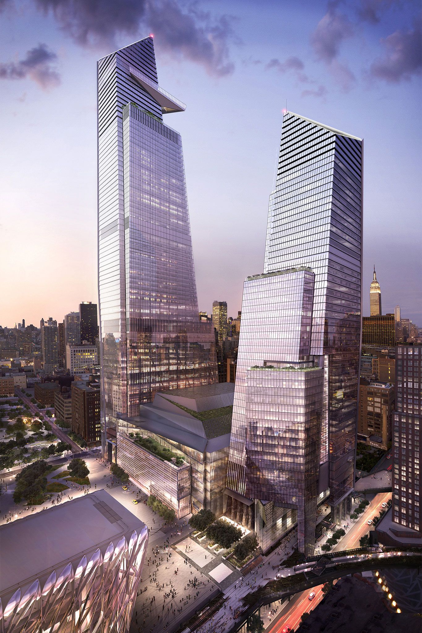 From left: 30 Hudson Yards, the shops and 10 Hudson Yards