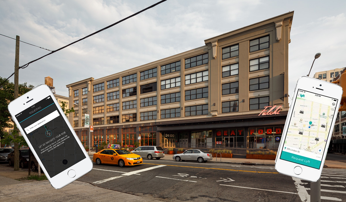 From left: the Uber app, the Falchi Building at 31-00 47th Avenue in Long Island City and the Lyft app