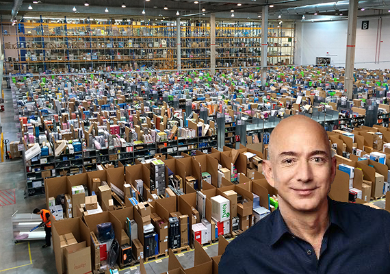 An Amazon warehouse and Jeff Bezos