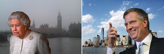 From left: London, Queen Elizabeth (credit: Getty Images), New York City and Bill de Blasio