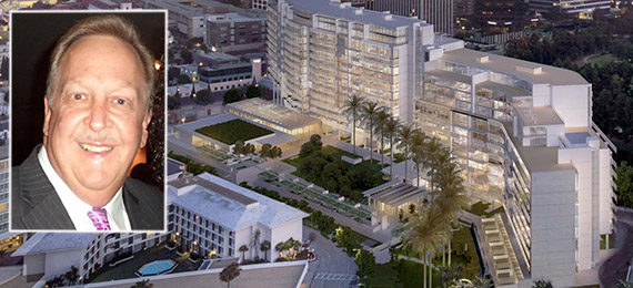 Barry Brucker and a rendering of One Beverly Hills at 9900 Wilshire Boulevard