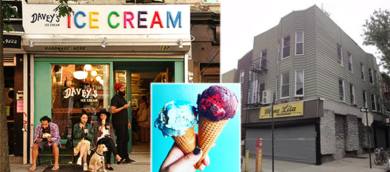From left: Davey's Ice Cream at 137 First Avenue in the East Village, and the building at 74 Meserole Avenue in Greenpoint (inset: Davey's ice cream cones)