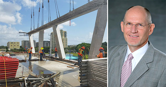 Construction workers place V columns at the Fort Lauderdale Brightline station (Inset: All Aboard Florida President Michael Reininger)