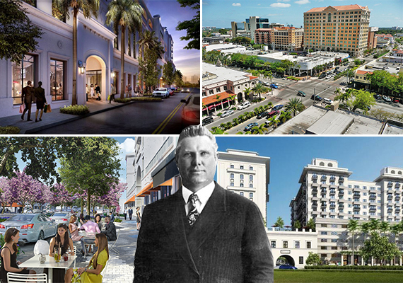 Clockwise from left: Rendering of Giralda Place, Coral Gables aerial (Credit: Marc Averette), renderings of Paseo de la Riviera and Miracle Mile. Inset: George Merrick