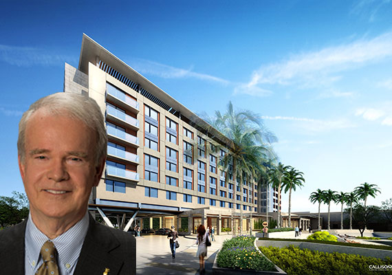 Rendering of the Hilton Miami/Dadeland (Inset: Baptist Health South Florida CEO Brian Keeley)