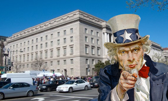 The IRS Building on Constitution Avenue in Washington D.C. and Uncle Sam