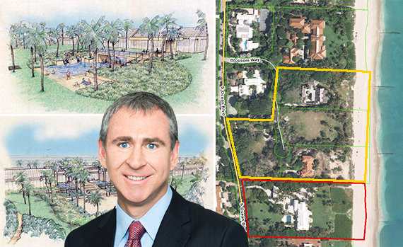 Ken Griffin and sketches of plans for his new home in Palm Beach, plus an aerial view of what he owns on Blossom Way (in yellow) and the property at 1290 South Ocean Boulevard that he just bought (in red).