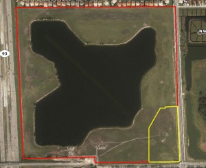 Aerial view of the Miami Lakes land. Lennar's tract is outlined in red, while Dunn's is marked with yellow.