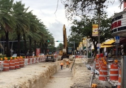 Streetscape construction work on Miracle Mile in downtown Coral Gables