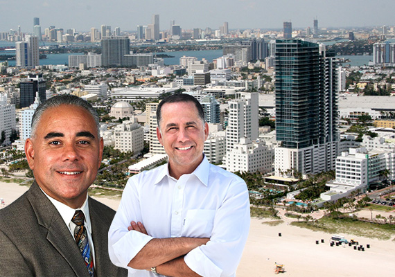 Miami Beach City Manager Jimmy Morales, Mayor Philip Levine, and an aerial view of Miami Beach