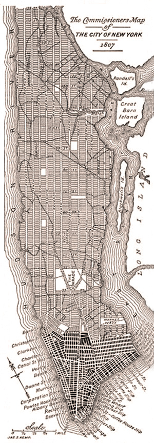 A modern redrawing of the 1807 grid plan for Manhattan before it was adopted in 1811.