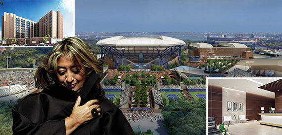 <em>Rendering of the National Tennis Center (credit: Rossetti) (inset from left: 1880 Boston Road, Zaha Hadid and interior rendering of 1600 Adam Clayton Jr. Boulevard)</em>