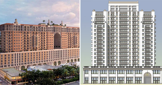 Renderings of the Related Group and Allen Morris Company's proposal, left, and of the Terranova Corp. and ZOM proposal, right (via South Florida Business Journal)