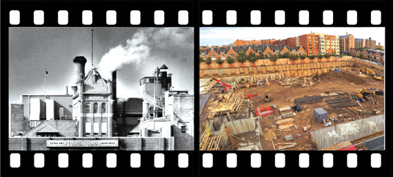 The Rheingold Brewery plant in 1976 and the excavated Rheingold site at 10 Montieth St.