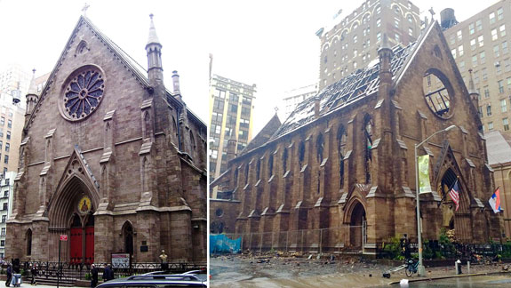 The Serbian Orthodox Cathedral of St. Sava before and after the fire (image credit Beyond My Ken and Boarder143 via WIki Commons)