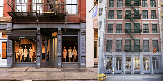 From left: Theory at 151 Spring Street and the building at 47-49 Greene Street in Soho