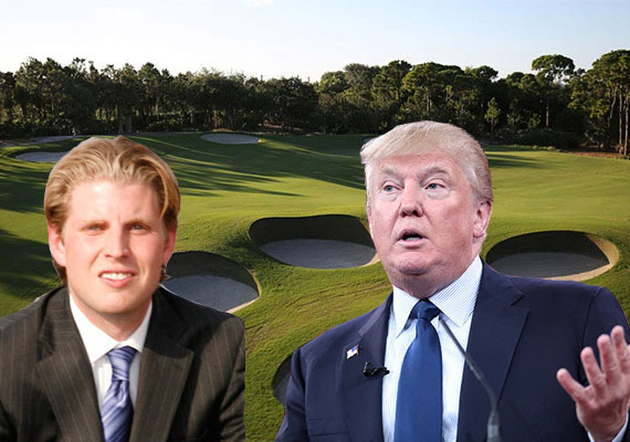 The Trump National Golf Club (Inset: Eric Trump via creativecommons, left, and Donald Trump via Gage Skidmore)