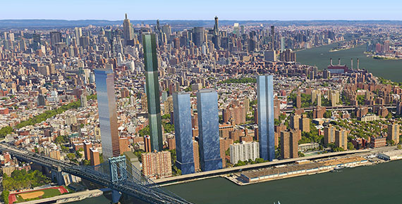 <em>Rendering of Two Bridges skyline based on proposed massing (credit: City Realty)</em>