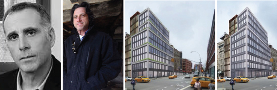 From left: Morris Adjmi, Charles Blaichman, old and new, approved plans for 363 Lafayette Street in NoMad