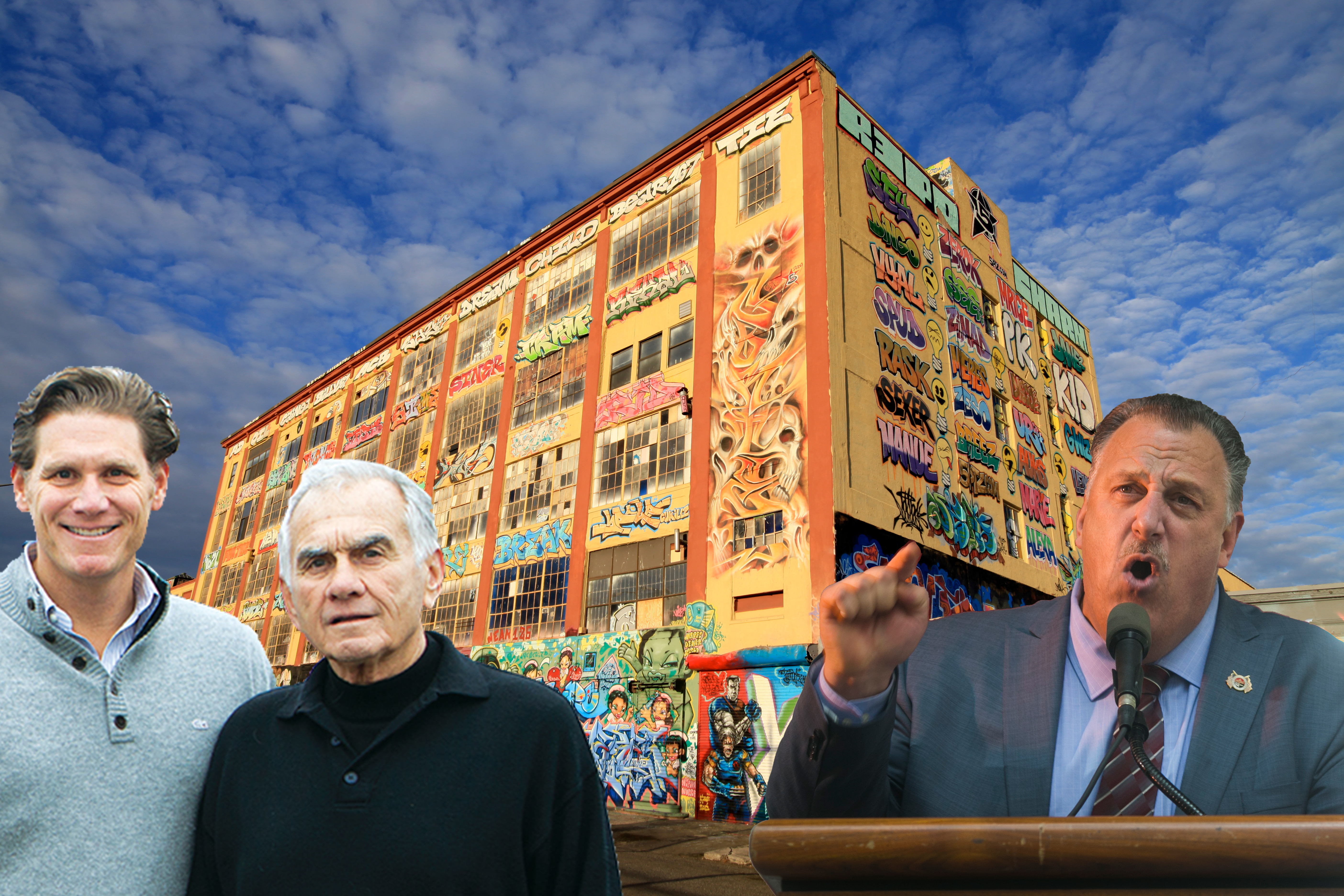 From left: David Wolkoff, Jerry Wolkoff, 5Pointz in Long Island City and Gary LaBarbera