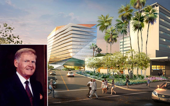 Developer Jerry Snyder and a rendering of the Wilshire Curson building, left of SAG/AFTRA's headquarters (credit: Jerde Partnership)