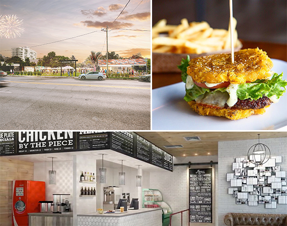 Clockwise from left: the Wynwood Yard, a Pincho Factory burger, a rendering of Spring Chicken in Coral Gables