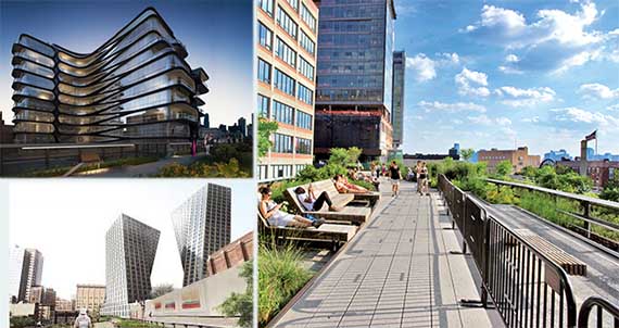 <em>Clockwise: Zaha Hadid's 520 West 28th Street, the High Line and Bjarke Ingels' 76 11th Ave.</em>