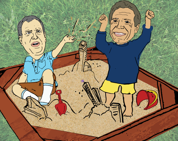 The "childish" feud between Gov. Cuomo and Mayor de Blasio is hurting the real estate industry, insiders say (illustration by Lexi Pilgrim for <em>The Real Deal</em>)